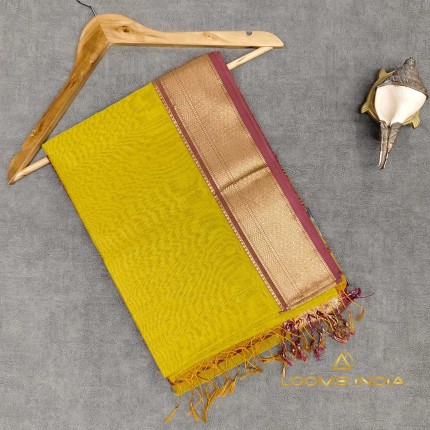 YELLOWISH GREEN MAHESHWARI PURE HANDLOOM COTTON SILK SAREE