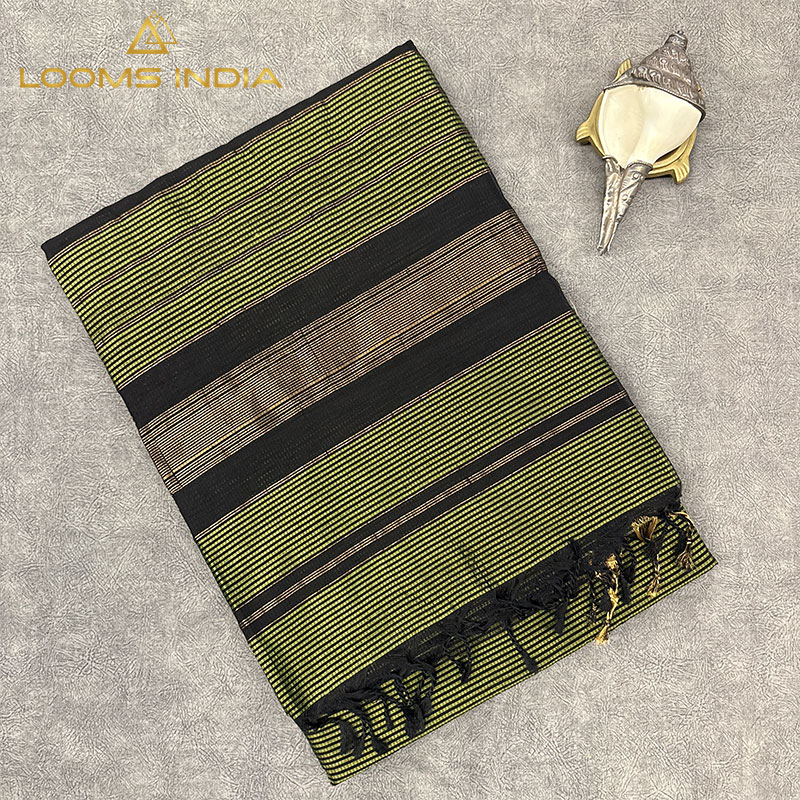 OLIVE GREEN AND BLACK MAHESHWARI PURE HANDLOOM COTTON SILK SAREE