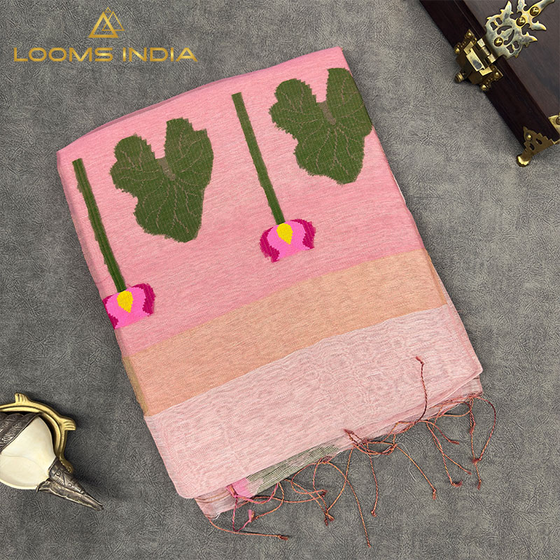 BLUSH PINK FLORAL MOTIF TISSUE LINEN SAREE