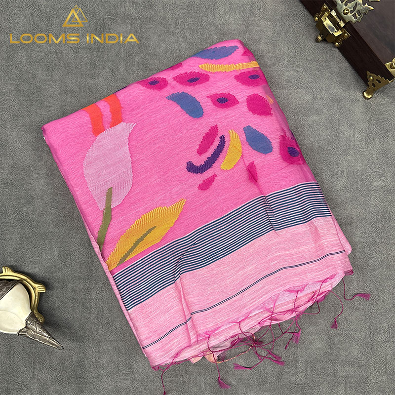 PINK MULTICOLOUR LEAF MOTIF LINEN SAREE