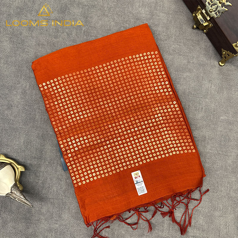 RUST ORANGE SILK LINEN HANDLOOM SAREE FEATURING ELEGANT SEQUIN WORK