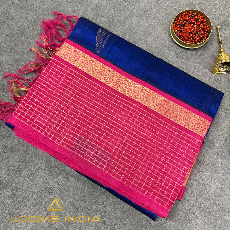 Royal Blue Mangalagiri Pure Handloom Silk Cotton Saree with Pink Zari Border and Peacock Motifs