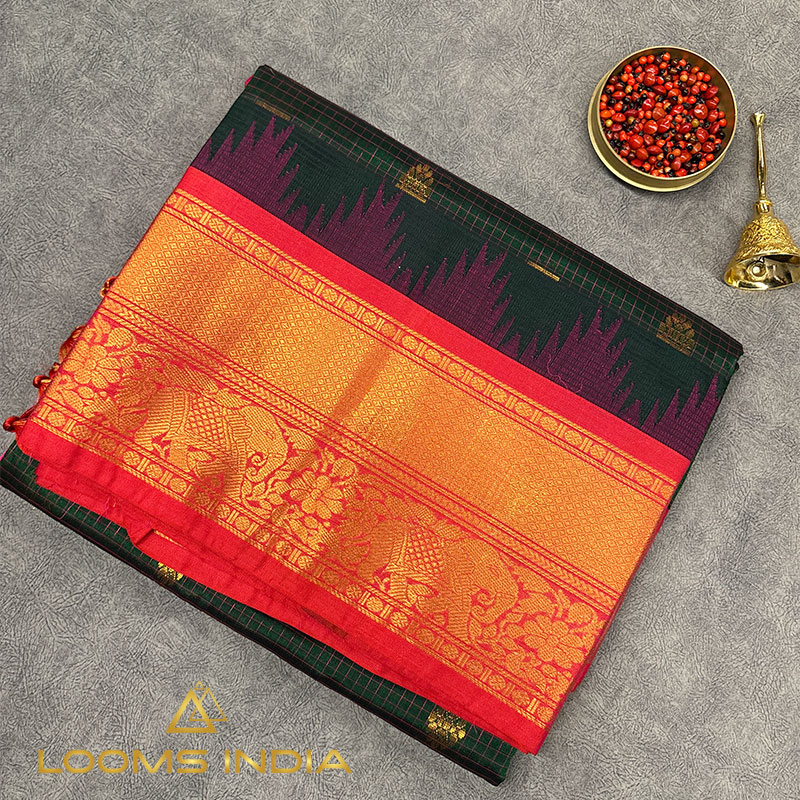 Deep Bottle Green Mangalagiri Pure Handloom Silk Cotton Saree with Red and Gold Temple Pallu