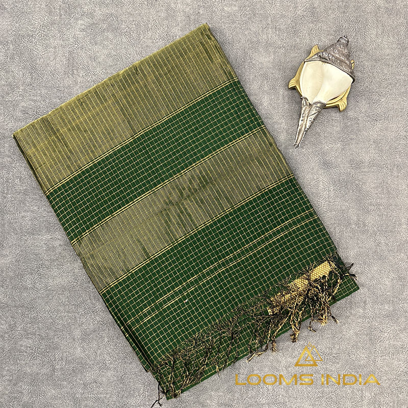 DEEP BOTTLE GREEN MAHESHWARI PURE HANDLOOM SILK COTTON SAREE