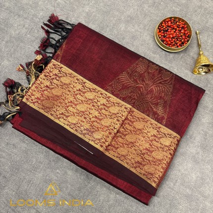 Wine Maroon Mangalagiri Pure Handloom Silk Cotton Saree with Gold Zari Floral Border