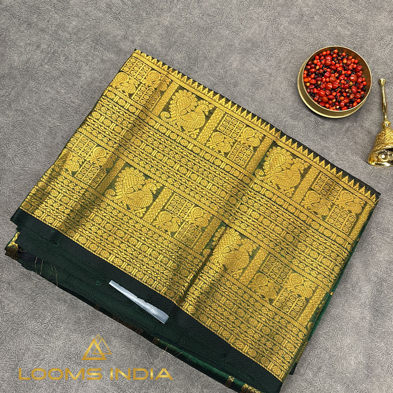 Deep Bottle Green Mangalagiri Pure Handloom Silk Cotton Saree with Woven Checks and Gold Zari Border