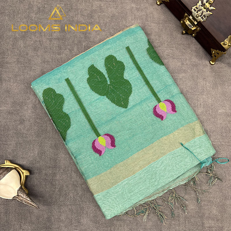 TEAL GREEN FLORAL MOTIF TISSUE LINEN SAREE