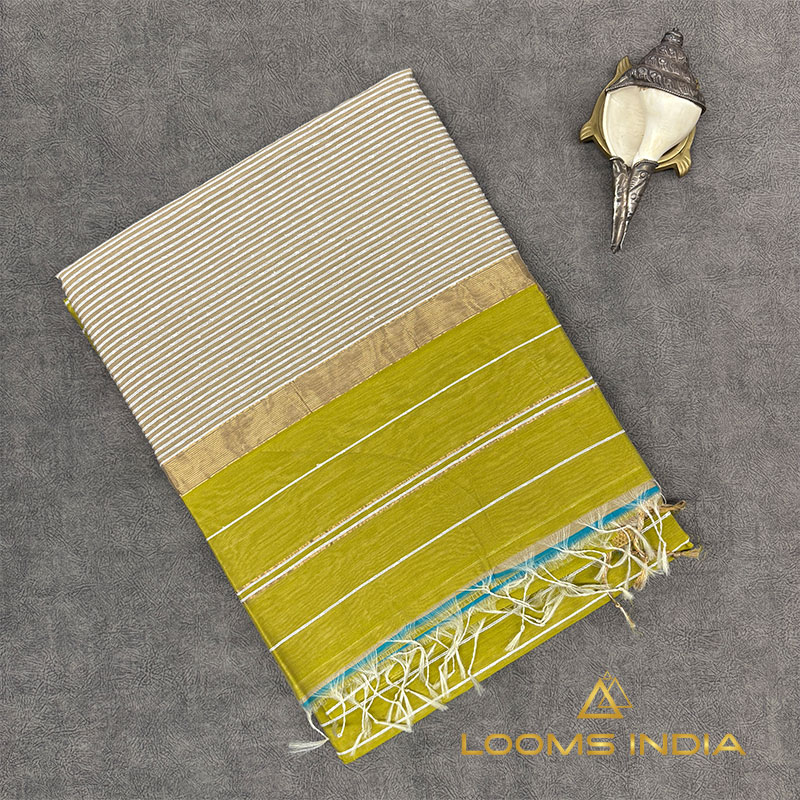 LIGHT OLIVE GREEN MAHESHWARI  PURE HANDLOOM SILK COTTON SAREE