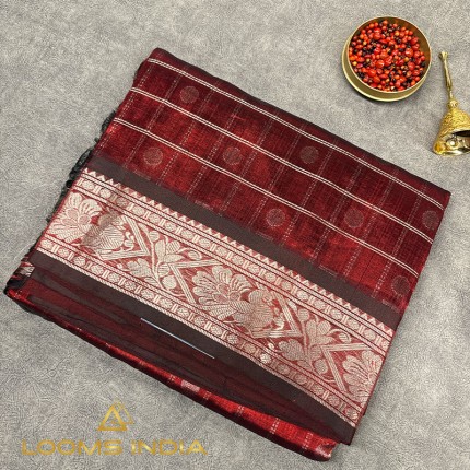 Wine Red Mangalagiri Pure Handloom Silk Cotton Saree with Silver Zari Border and Buttas