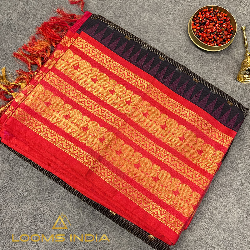 Coffee Brown Mangalagiri Pure Handloom Silk Cotton Saree with Red and Gold Zari Border