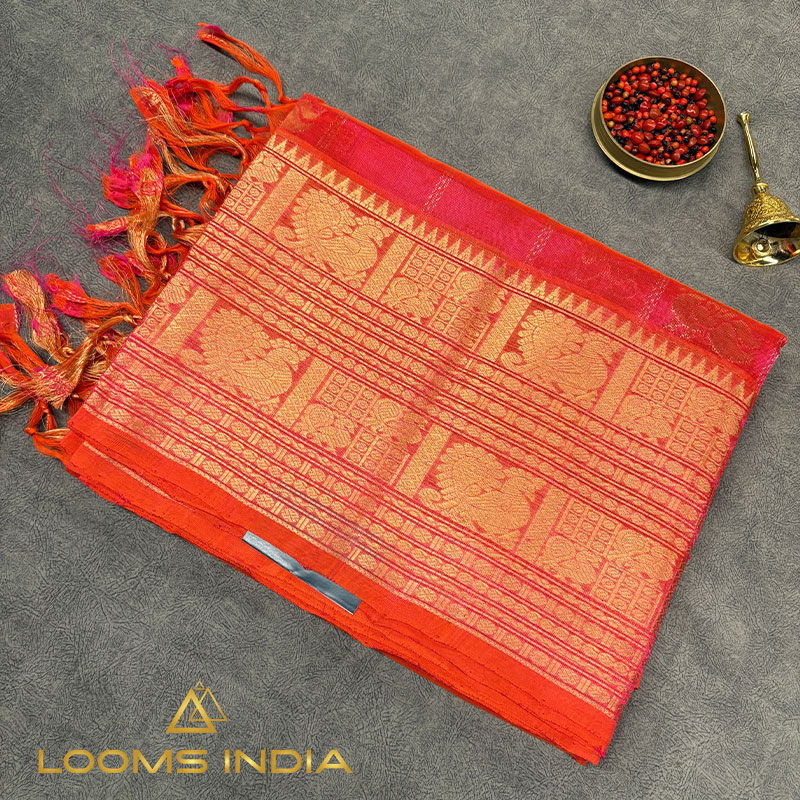 Orange Mangalagiri Pure Handloom Silk Cotton Saree with Gold Zari Peacock Pallu