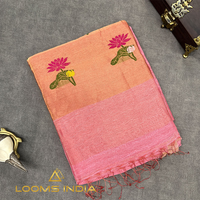 PEACH PINK TISSUE LINEN  SAREE