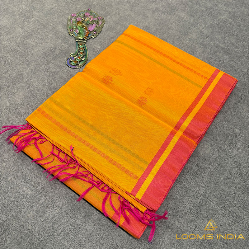 Golden Yellow Pure Handloom Cotton Silk Saree with Woven Buttas and Red Border