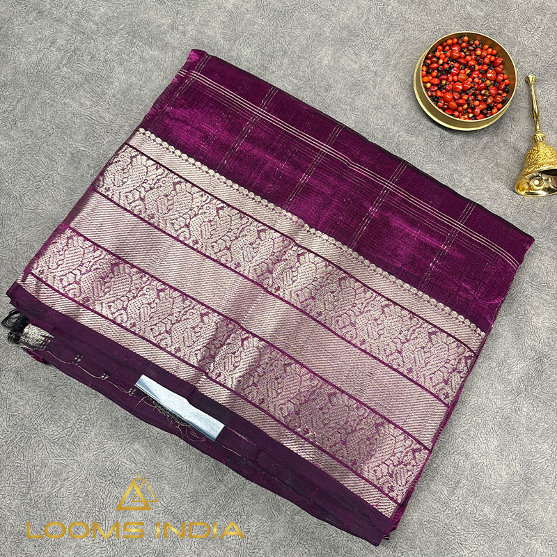 Purple Mangalagiri Pure Handloom Silk Cotton Saree with Silver Zari Border