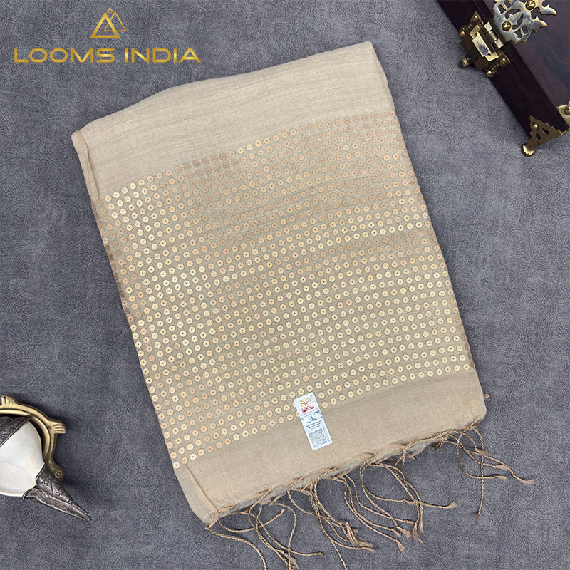ELEGANT BEIGE SILK LINEN HANDLOOM SAREE FEATURING ELEGANT SEQUIN WORK