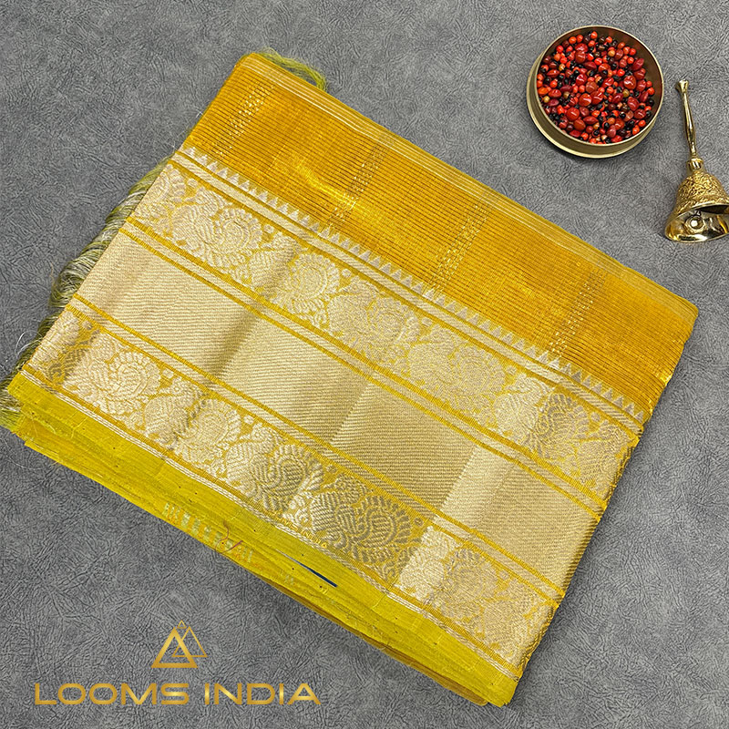 Mustard Yellow Mangalagiri Pure Handloom Silk Cotton Saree with Gold and Silver Zari Border