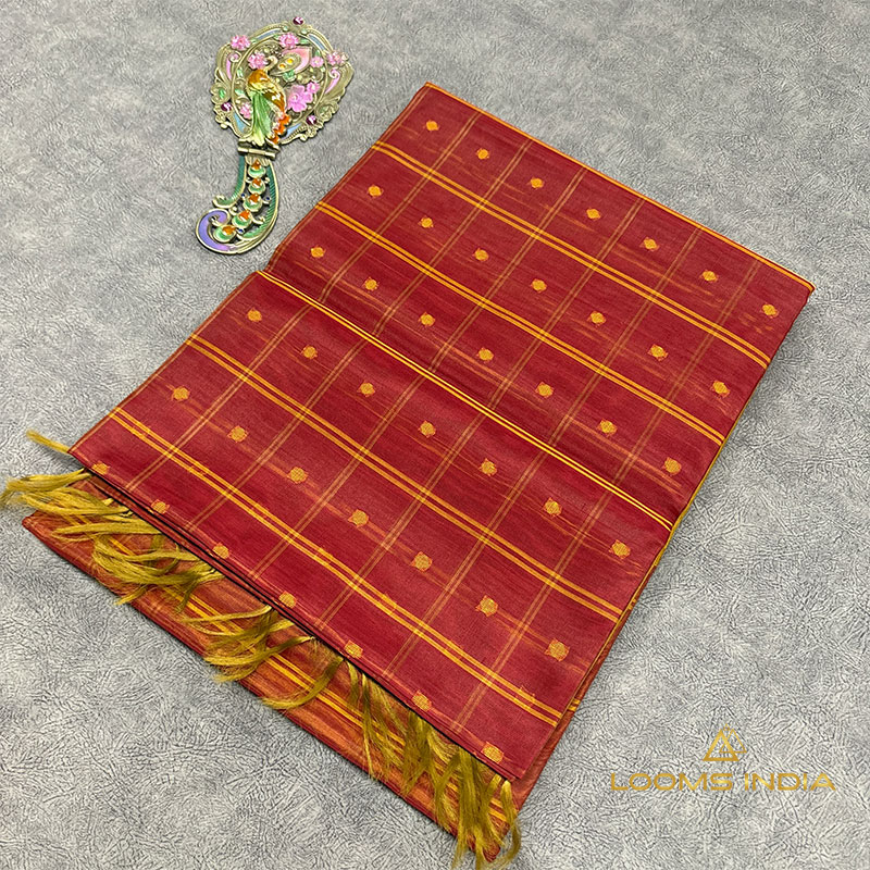 Maroon Pure Handloom Cotton Silk Saree with Zari Checks and Gold Buttas