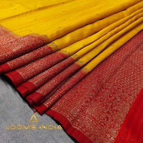MUSTARD YELLOW AND DEEP RED BANARASI RAW SILK SAREE