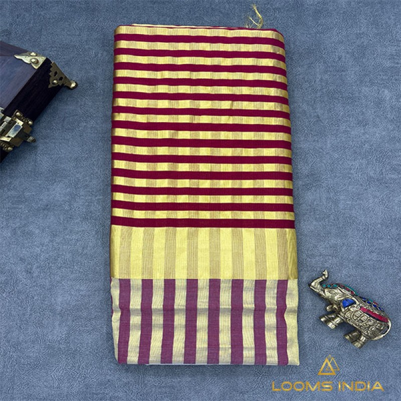 SIGNATURE Pure Handloom Balaramapuram Unakkupaav Kasavu saree – Bold Maroon & Gold  Stripe