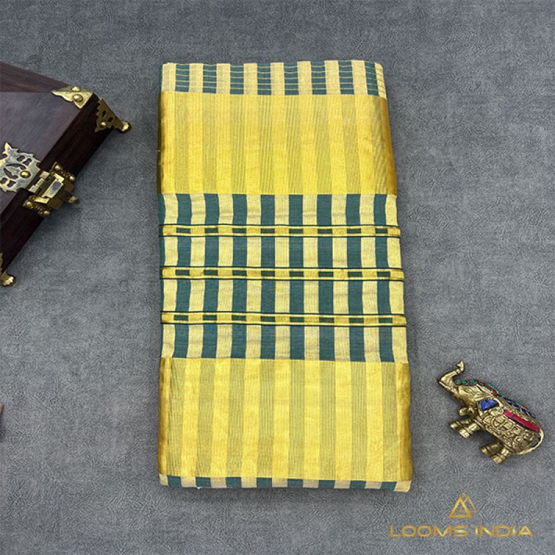 SIGNATURE Pure Handloom Balaramapuram Unakkupaav Saree – Gold & Teal Green Stripe Body with Half Saree Pallu Design