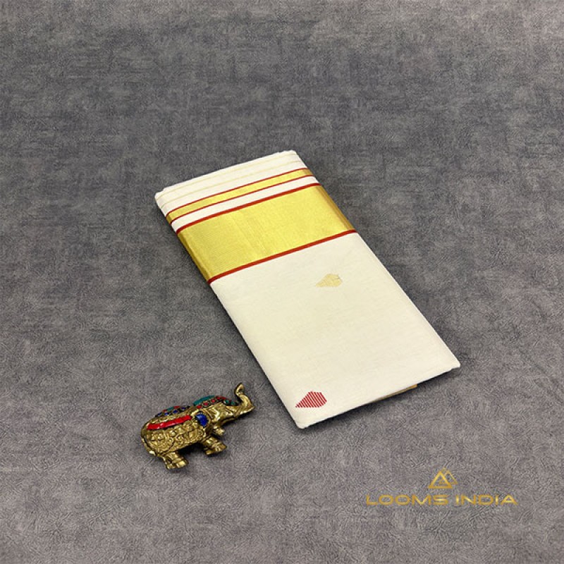 Pure Handloom Balaramapuram Unakkupaav Kasavu Saree – All-Over Kasavu & Thread Motifs with Rust Kasavu Border