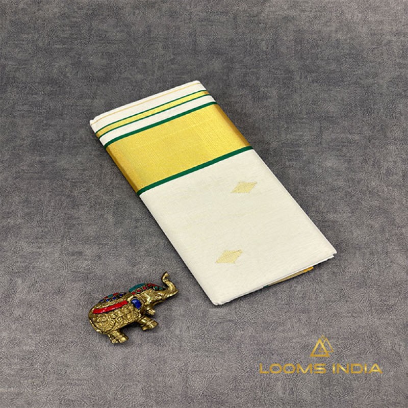 Pure Handloom Balaramapuram Unakkupaav Kasavu Saree – All-Over Kasavu  & Thread Motifs with Contrast Green Kasavu Border