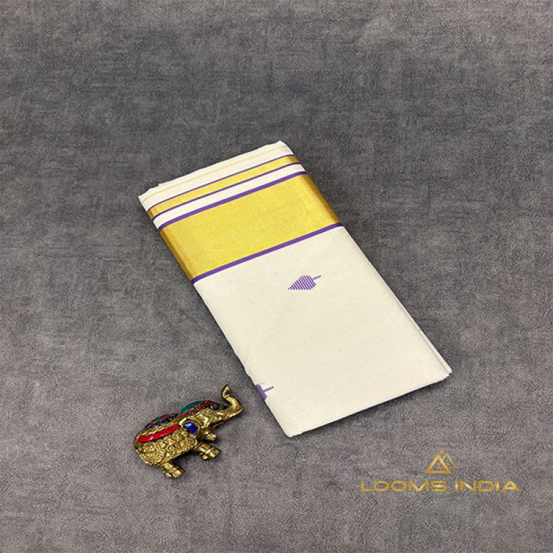 Pure Handloom Balaramapuram Unakkupaav Kasavu Saree – All-Over Kasavu & Thread Motifs with Soft Lavender Kasavu Border