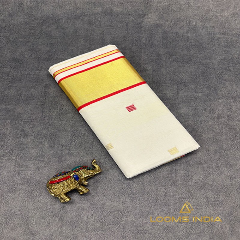 Pure Handloom Balaramapuram Unakkupavu Kasavu Saree – All-Over Kasavu & Thread Motifs with Bold Red Kasavu Border