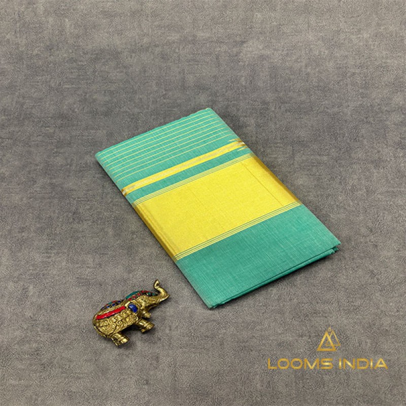 Teal Green Pure Handloom Balaramapuram  Unakkupaav Kasavu Saree –  Classic Golden Kasavu Border