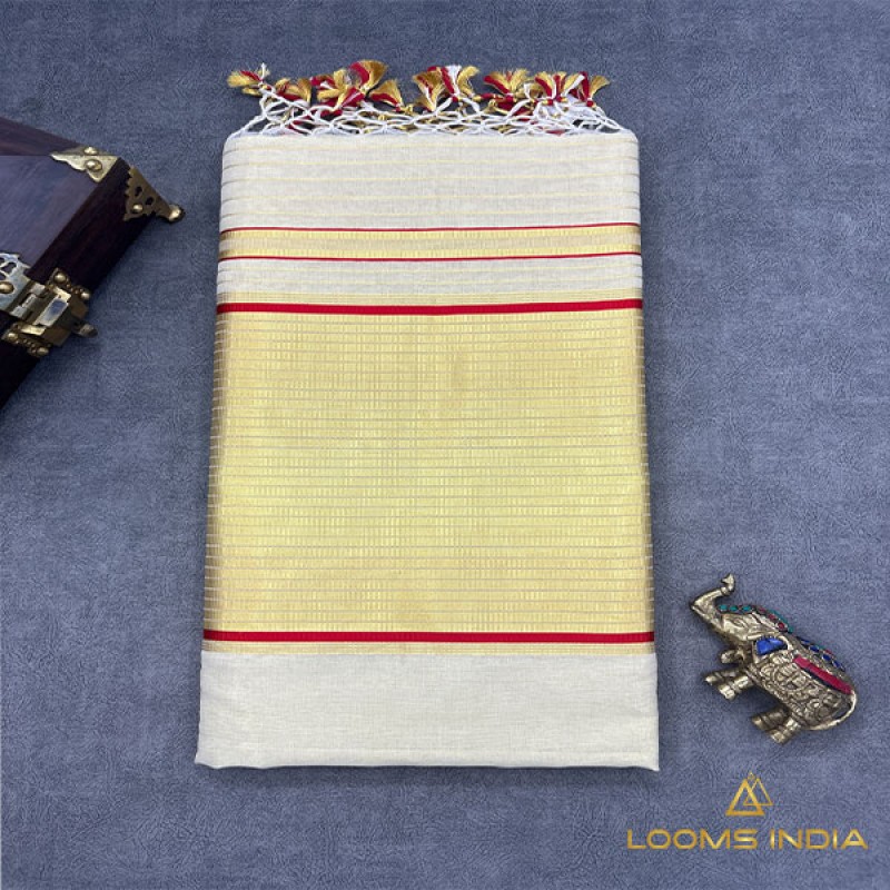 Pure Handloom Balaramapuram Unakkupaav Tissue Kasavu Saree – 10-Inch Kasavu Border with Red Piping Detail