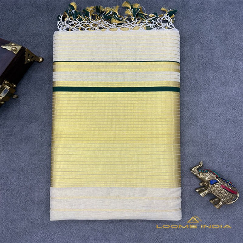 Balaramapuram Unakkupavu Handloom Tissue Saree – All-Over Zari Stripes with Contrast Green Piping & 10-Inch Kasavu Border