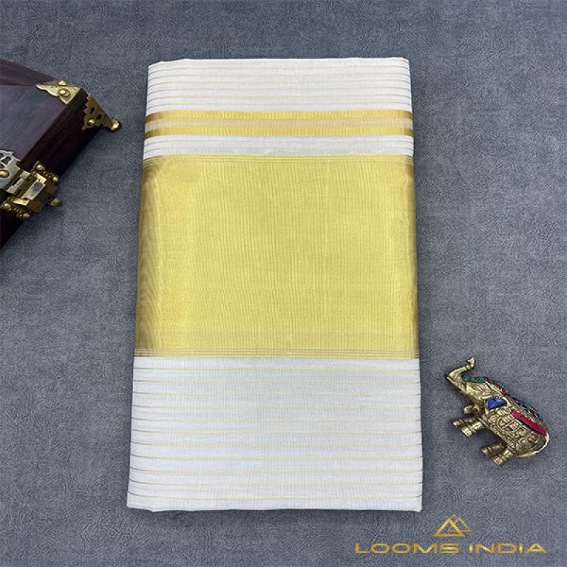 Pure Handloom Balaramapuram Unakkupaav Tissue Kasavu Saree – Classic 10-Inch Kasavu Border with All-Over Zari Stripes