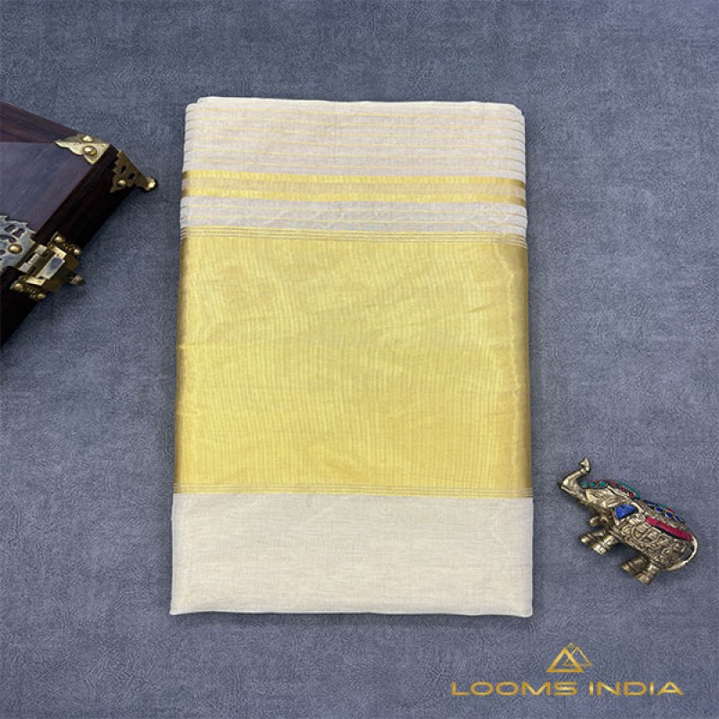 Pure Handloom Balaramapuram Unakkupaav Tissue Kasavu Saree– 10-Inch Kasavu Border