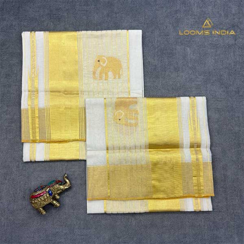 SIGNATURE Pure Handloom Balaramapuram Unakkupaav Set Mundu – Elephant Motif Golden Kasavu
