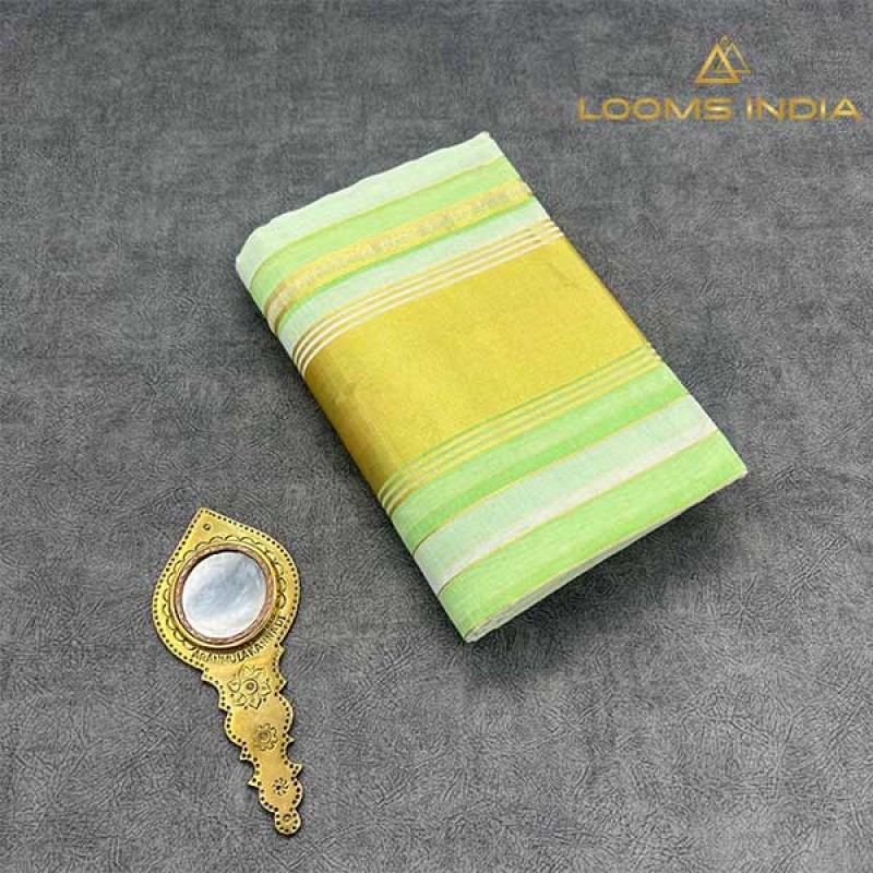 Balaramapuram Unakkupavu Single Set Mundu – Golden Kasavu with Mint Green Stripes