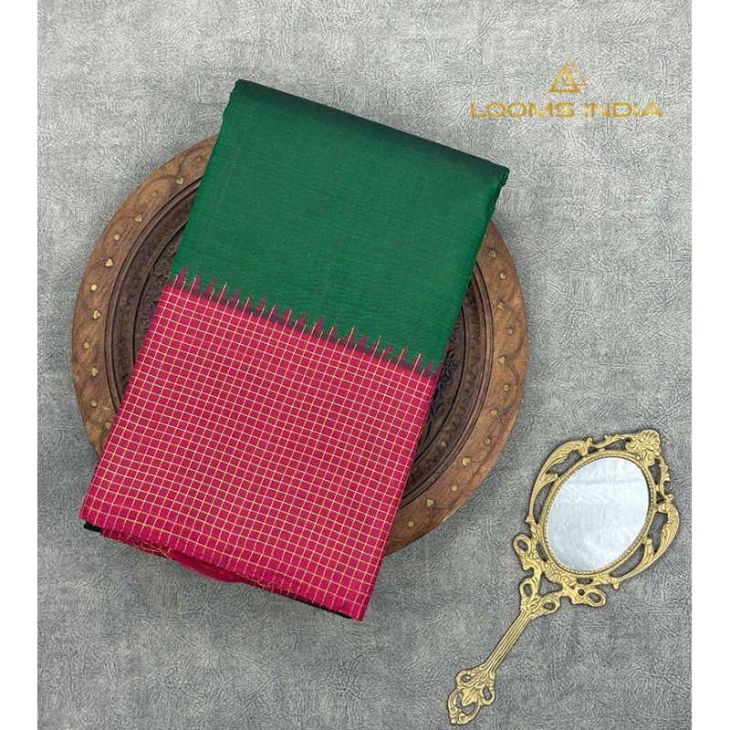 Pure Kanchipuram Handloom Silk Saree – Dark Green Plain Body with Contrast Maroon Podi Kattam Zari Border & Pallu