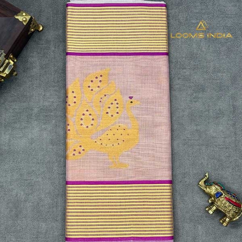 Peacock Design Pure Handloom Balaramapuram Unakkupaav Kasavu Saree