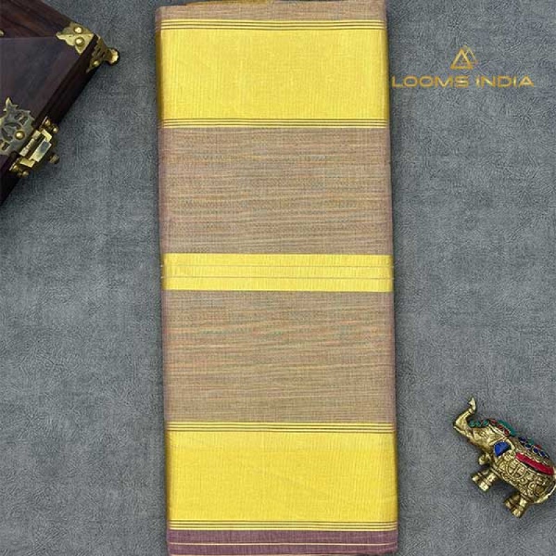 Pure Handloom Balaramapuram Unakkupaav Kasavu Saree – Light Maroon All-Over Zari Stripe Body with Classic Kasavu Border