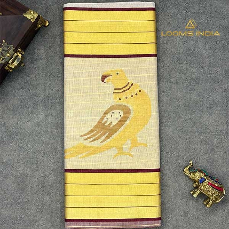 Pure Handloom Balaramapuram Unakkupaav Kasavu Saree – Parrot Motif Pallu with Maroon Zari Border