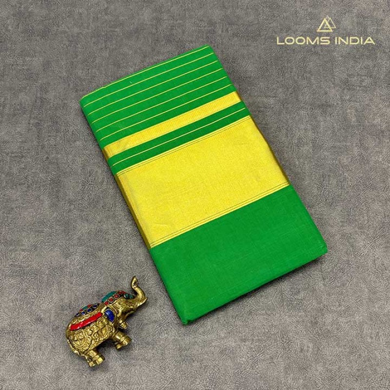 Vibrant Green Pure Handloom Balaramapuram Unakkupaav Kasavu Saree – with Classic Golden Kasavu Border