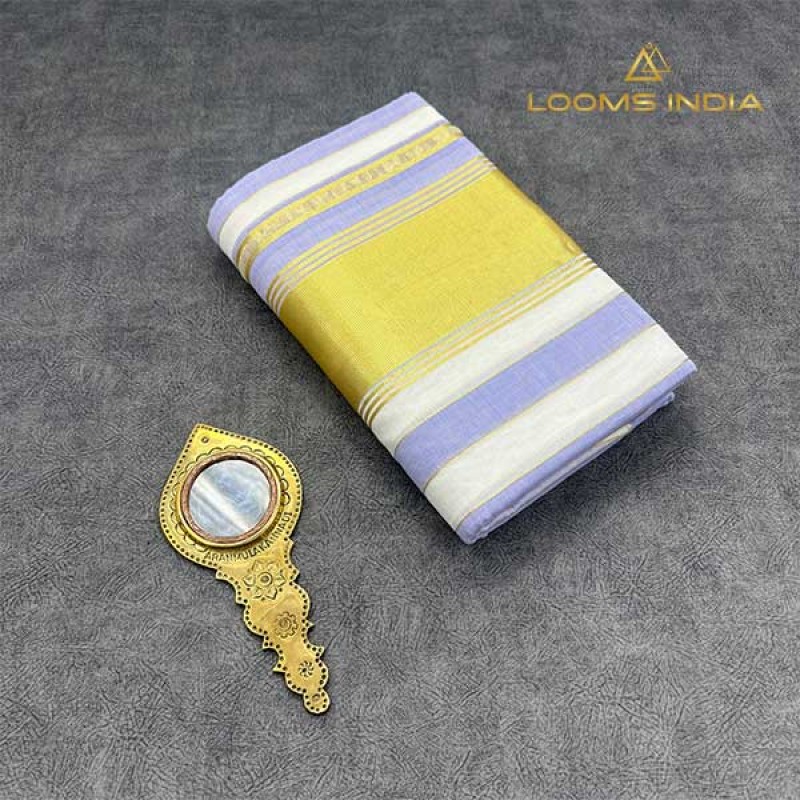 Balaramapuram Unakkupavu Single Set Mundu – Golden Kasavu with Lavender Stripes