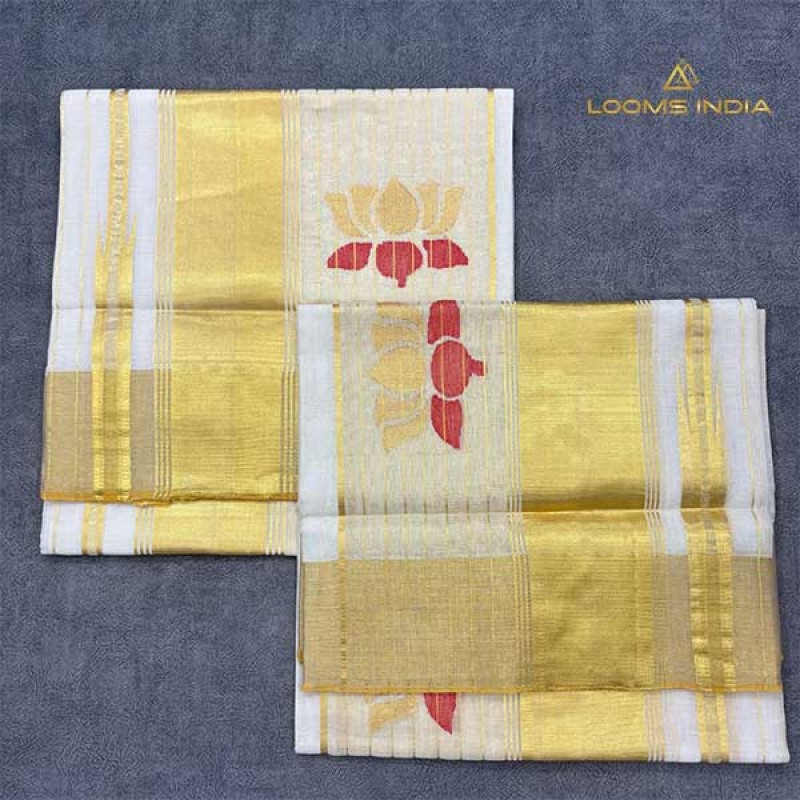 SIGNATURE Lotus design Pure Handloom Balaramapuram Unakkupaav Kasavu Set Mundu