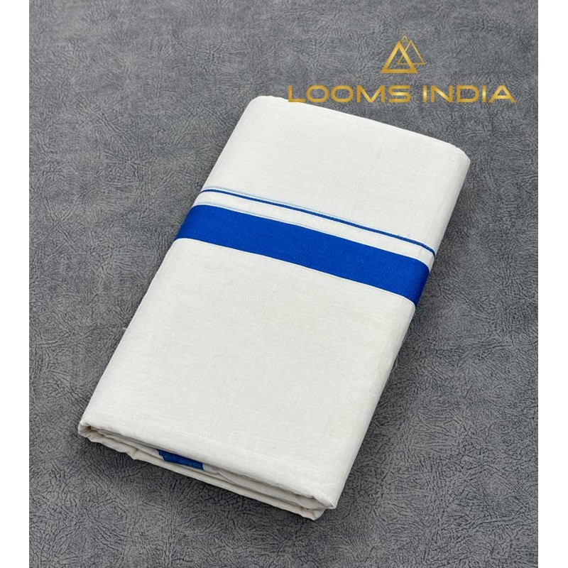 Off-White Pure Handloom Balaramapuram Kara Double Mundu with Blue Kara