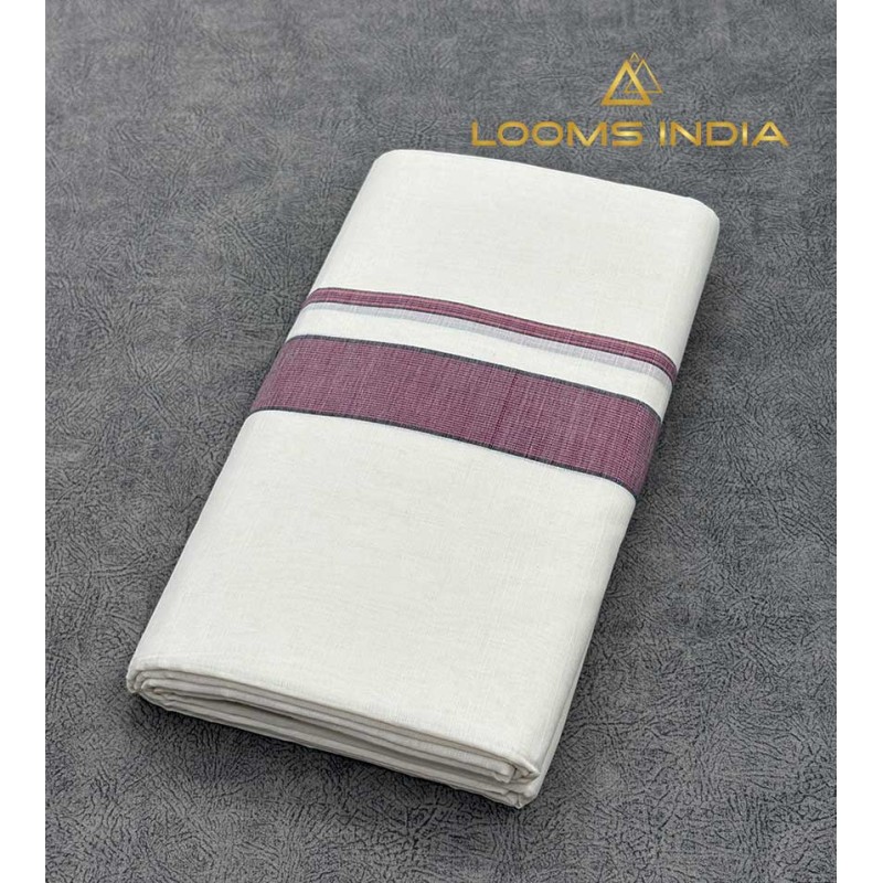 Off-White Pure Handloom Balaramapuram Kara Double Mundu with Mauve Kara