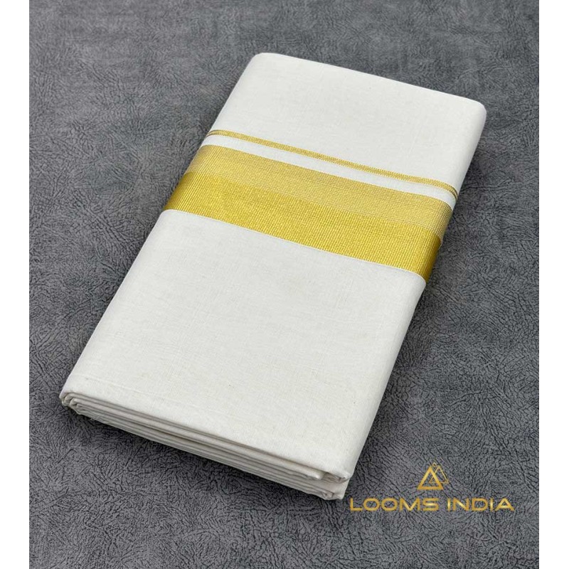 Pure Handloom Balaramapuram Unakkupaav  Double Mundu – Classic Broad Golden Kasavu Border