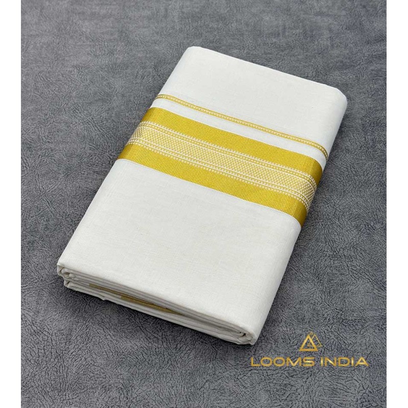 Pure Handloom Balaramapuram Unakkupaav  Kasavu Double Mundu  – Broad Golden Kasavu Border with Textured Scalloped Edge Weave & Pure Off-White Base