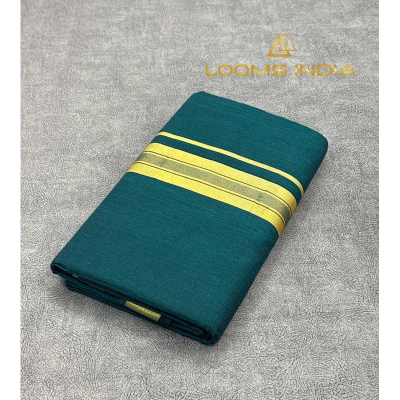 Peacock green Pure Handloom Balaramapuram Unakkupaav Kasavu Double Mundu  –  with Golden Kasavu Border & Double Gold Stripe Detail