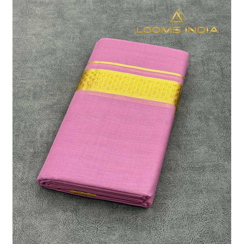Magenta Pink Pure Handloom Balaramapuram Kasavu Double Mundu  –  Broad Golden Kasavu & Textured Golden Checks Zari Border