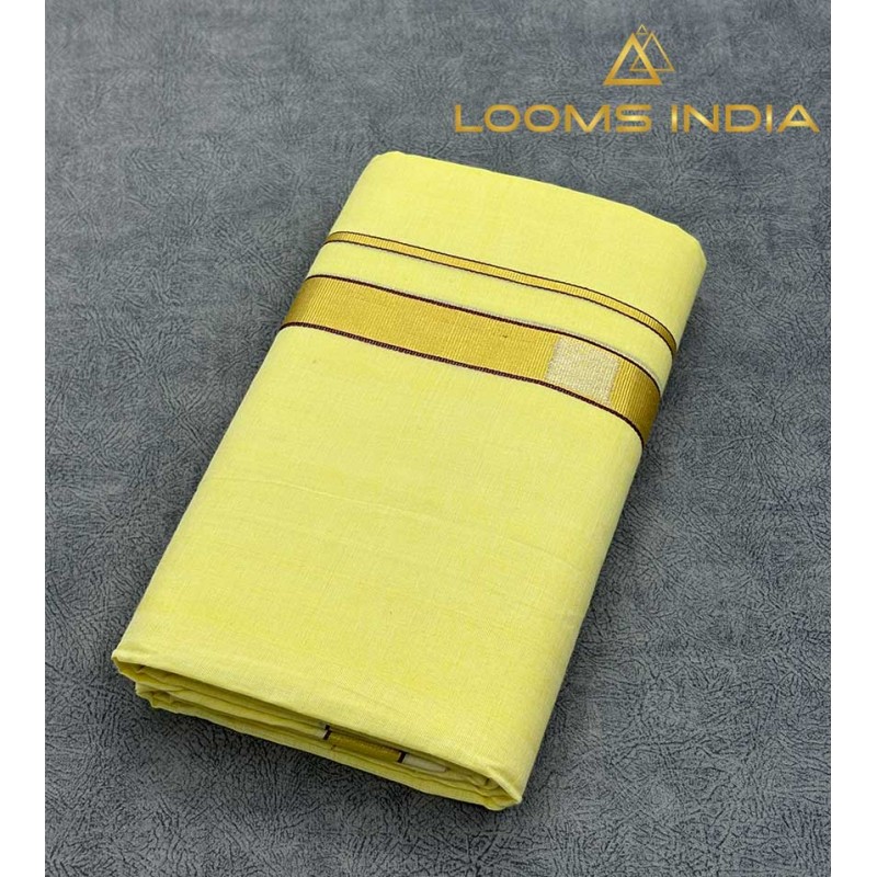 Soft Yellow Pure Handloom Balaramapuram Kasavu Double Mundu – Golden Kasavu & Navarathna Multi-Colour Thread Border