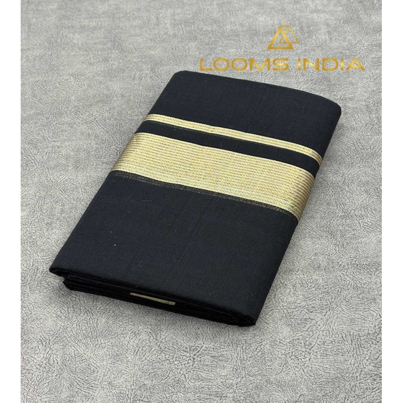 Deep Black Pure Handloom Balaramapuram  Kasavu Double Mundu – Deep Black Base with Antique Gold Kasavu Border & Vintage Stripe Detail
